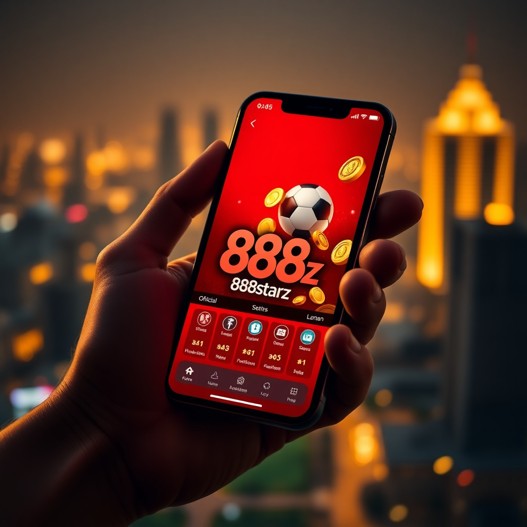 A hand holding a high-end smartphone displaying the official 888starz app with a red and black interface, background is the Tashkent City skyline and Hilton hotel towers at night with golden bokeh lights, 3D golden coins and a soccer ball popping out of t